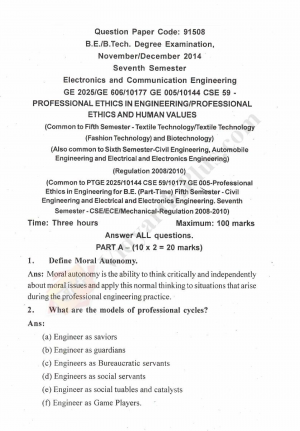 Professional Ethics in Engineering Solved Question Papers - 2015 Edition
